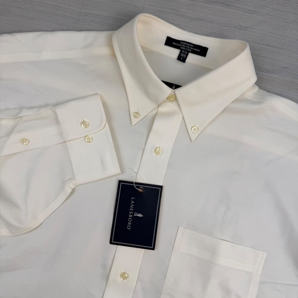Lanesboro Mens Dress Shirt 16.5 32/33 L Cream Non-Iron Stain Resistant Cotton‎